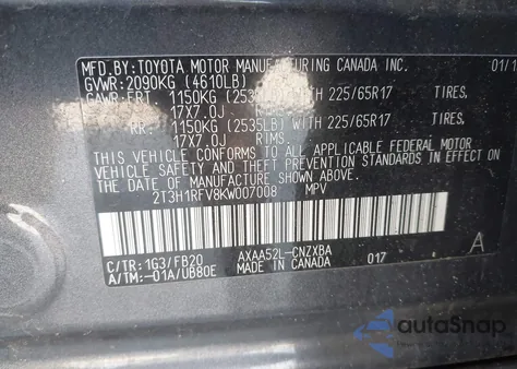 2019 Toyota Rav4 Le из США, поврежденный, VIN 2T3H1RFV8KW007008